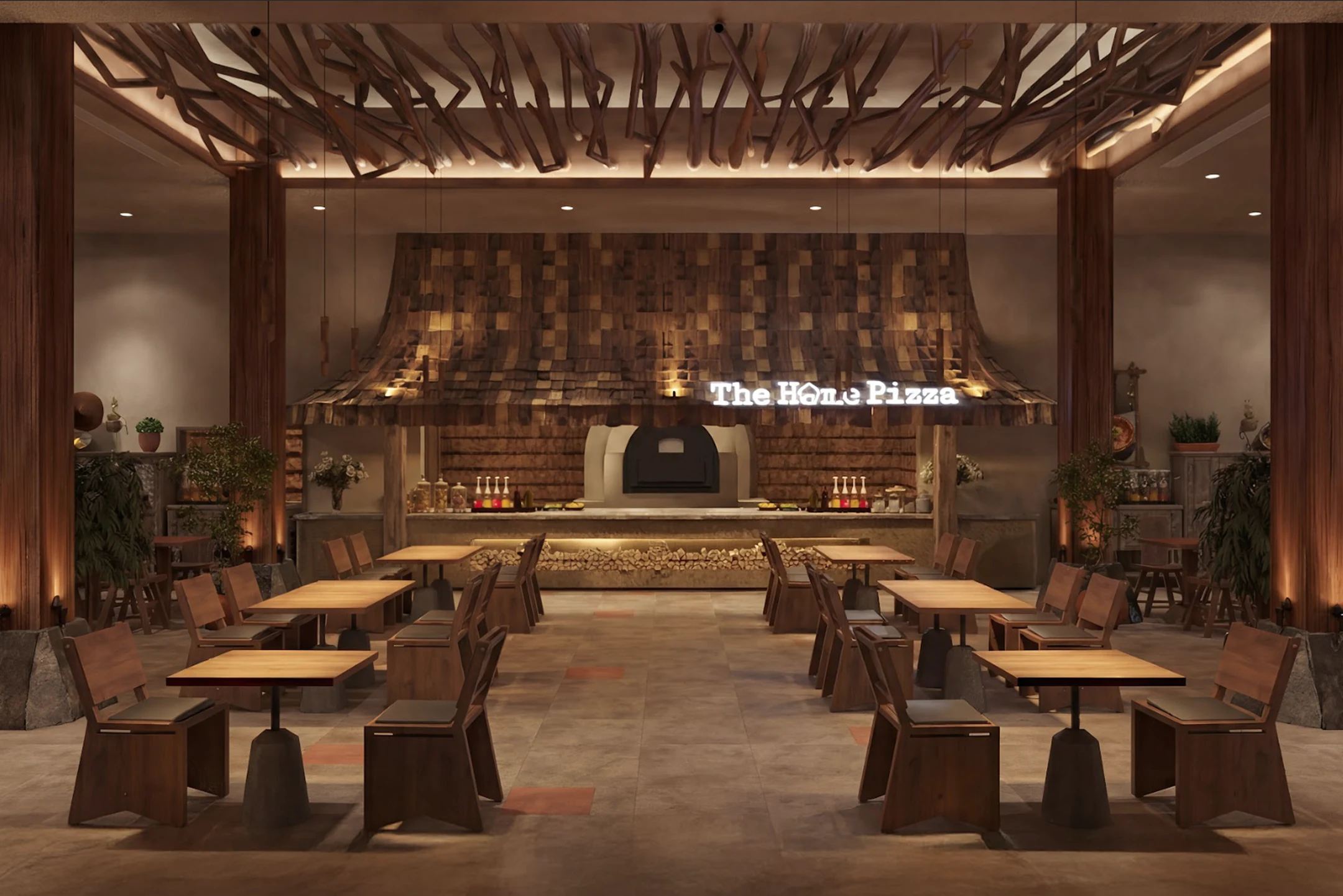 Gian nhà chính và lò nướng củi tại The Home Pizza Signature Nha Trang